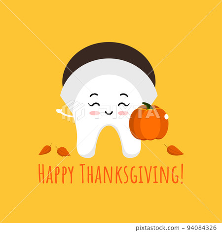 Thanksgiving happy tooth girl in pilgrim bonnet hat with pumpkin in hand. Thanksgiving happy tooth girl in pilgrim bonnet hat with pumpkin in hand. 94084326