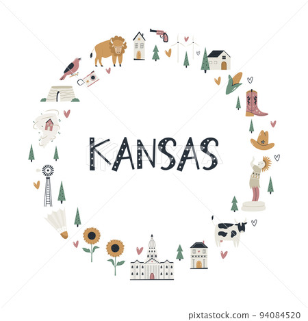 Circle decoration, emblem with famous symbols and landmarks of Kansas State, USA Circle decoration, emblem with famous symbols and landmarks of Kansas State, USA 94084520