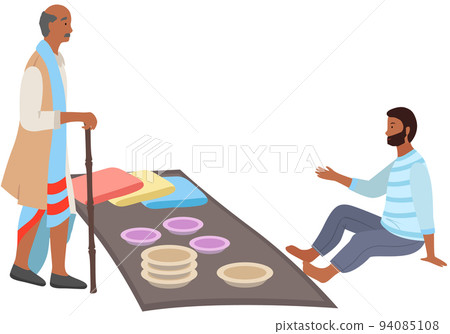 Indian street bazaar, people and shops ceramics on carpet. Asian street market with authentic goods Indian street bazaar, people and shops ceramics on carpet. Asian street market with authentic goods 94085108