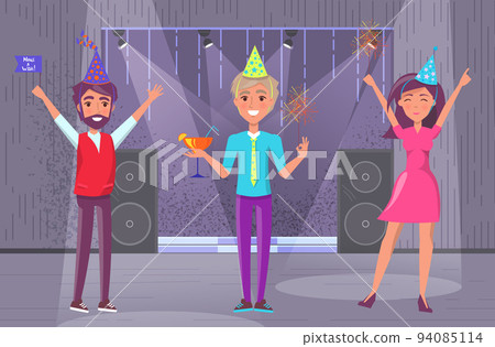 Group of happy people raising hands celebrating holiday with sparklers at birthday party in club Group of happy people raising hands celebrating holiday with sparklers at birthday party in club 94085114