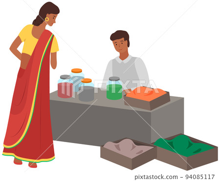 Eastern bazaar, indian seller sell spices, jars with herbs. Woman shopper at asian street market Eastern bazaar, indian seller sell spices, jars with herbs. Woman shopper at asian street market 94085117