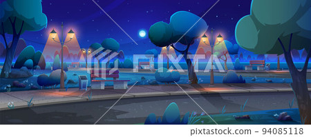 Spring weather, lightning, thunder and storm at night. Evening park or garden with trees and benches Spring weather, lightning, thunder and storm at night. Evening park or garden with trees and benches 94085118