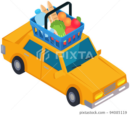 Yellow vehicle with basket on roof. Automobile for food delivery service, purchase transportation Yellow vehicle with basket on roof. Automobile for food delivery service, purchase transportation 94085119