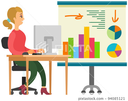 Woman analyses digital report with statistics. Statistical indicators and data on diagram Woman analyses digital report with statistics. Statistical indicators and data on diagram 94085121