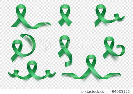 Vector 3d Realistic Emerald Green Ribbon Set. Liver Cancer Awareness Symbol Closeup. Cancer Ribbon Template. World Liver Cancer Day Concept 94085135