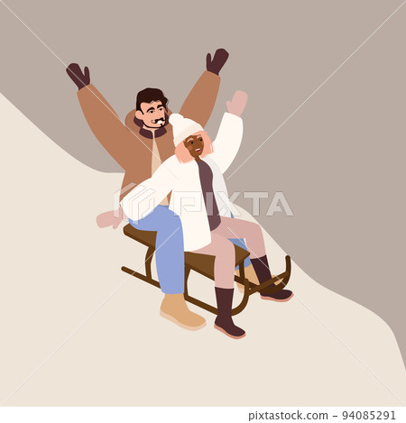Couple riding sled on slope covered with snow Couple riding sled on slope covered with snow 94085291