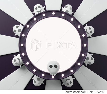 3d rendering Halloween day circle banner. Empty circle frame with ghost and skull on black and white background. 3d rendering Halloween day circle banner. Empty circle frame with ghost and skull on black and white background. 94085292