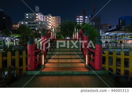 Kameido Tenjin Shrine Taiko Bridge (Female Bridge) at night in Koto Ward, Tokyo 94085313