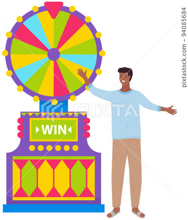 Game fortune wheel. Man playing risk game with fortune wheel and lottery. Casino and gambling Game fortune wheel. Man playing risk game with fortune wheel and lottery. Casino and gambling 94085684