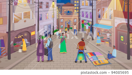 Indian market with people and different shops with ancient cityscape, authentic marketplace 94085695