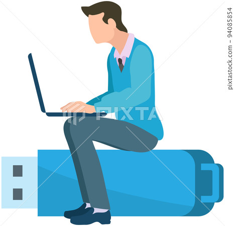 Business man with laptop sitting on usb flash drive. Freelancer or office worker works with data Business man with laptop sitting on usb flash drive. Freelancer or office worker works with data 94085854