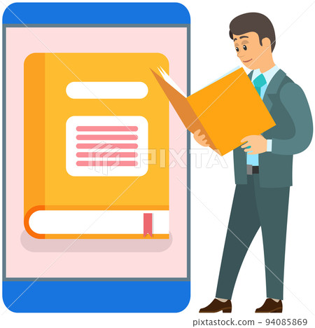 Online library education concept flat design. Application for reading different books on smartphone Online library education concept flat design. Application for reading different books on smartphone 94085869