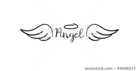 Angels wings with halo. Hand drawn vector feather angel. Handdrawn sketch feathers bird Angels wings with halo. Hand drawn vector feather angel. Handdrawn sketch feathers bird 94086015