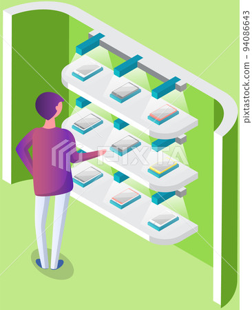 Man chooses smartphones at exhibition. Male character looking at mobile phones near promotion stand Man chooses smartphones at exhibition. Male character looking at mobile phones near promotion stand 94086643