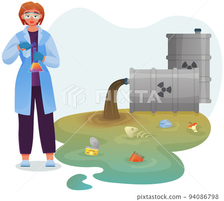 Environmental scientist studies industrial discharge from pipe. Pollution of nature and ecology Environmental scientist studies industrial discharge from pipe. Pollution of nature and ecology 94086798