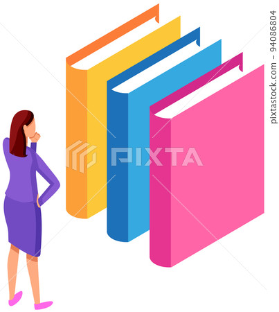 Woman takes book stands near shelf with stack of literature, female character reader loves to read 94086804