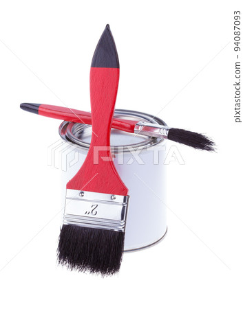 Generic white tin can with paint and flat brushes 94087093