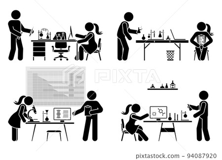 Stick figure male and female chemist making scientific research in chemistry laboratory class room vector icon pictogram 94087920