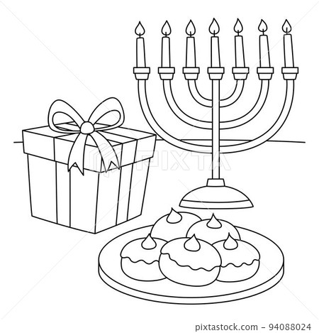 Hanukkah Sufganiyah Gift Menorah Coloring Page  94088024