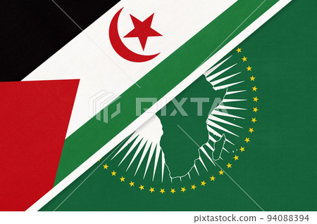 Sahrawi Arab Democratic Republic and African Union national flag from textile. Africa continent vs Western Sahara 94088394