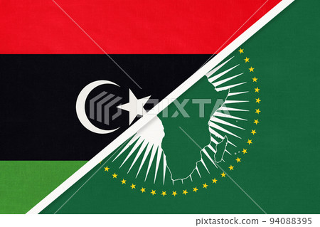Libya and African Union national flag from textile. Africa continent vs Libyan national flags 94088395