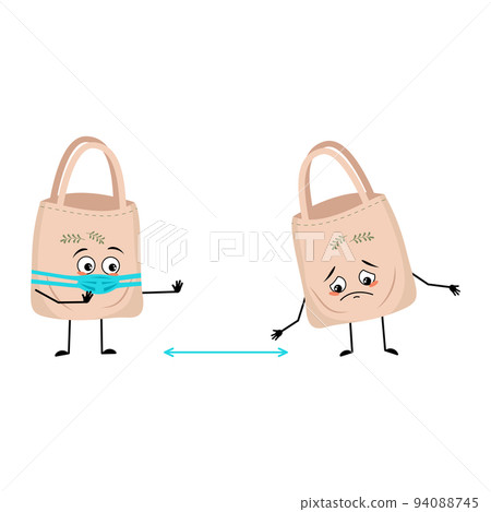 Cute bag character with face in medical mask keep distance, arms and legs. Shopper person with care expression and pose. Vector flat illustration 94088745