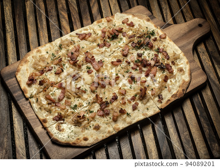 Flammkuchen tarte flambee rectangular pizza with bacon and chicken 94089201