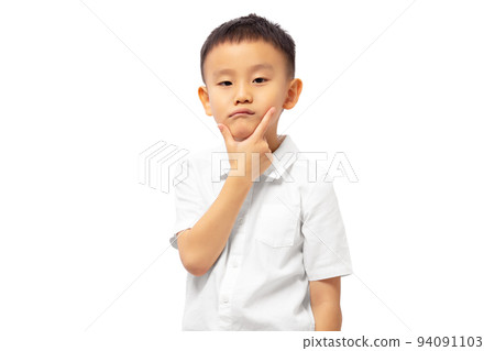 Kid thinking with worry and hand on chin, isolated on white background Kid thinking with worry and hand on chin, isolated on white background 94091103