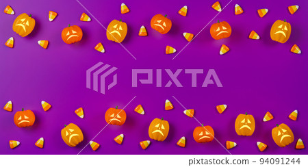 3d rendering Halloween day banner illustration. Jack O lantern with candy corns on purple background. 94091244