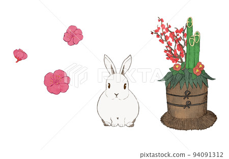 兔子新年賀卡素材插畫白色邊框水彩觸感 兔子新年賀卡素材插畫白色邊框水彩觸感 94091312