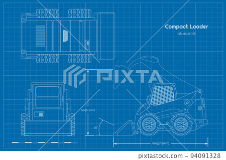 Outline compact loader. Contour side, front amd top view. Drawing of mini bulldozer. Industrial blueprint of loading machine 94091328