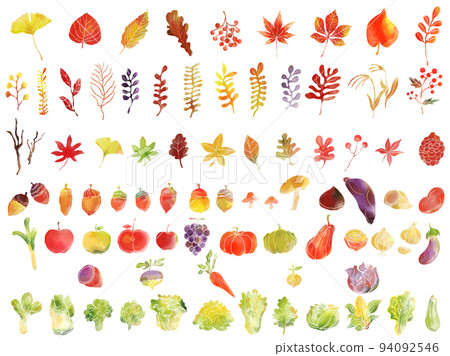 Hand drawn watercolor autumn leaves and food illustration set Hand drawn watercolor autumn leaves and food illustration set 94092546