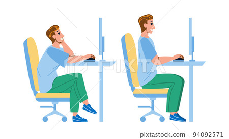 In Ergonomic Posture Sit Man At Computer Vector In Ergonomic Posture Sit Man At Computer Vector 94092571