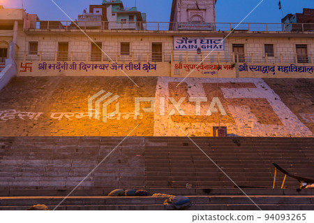 India Varanasi early morning Ganges River and Jain Ghat India Varanasi early morning Ganges River and Jain Ghat 94093265