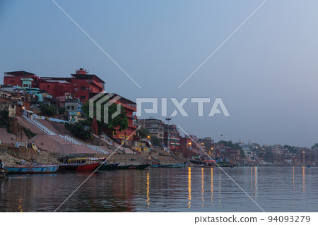 India Varanasi early morning Ganges river and riverside cityscape and ghats India Varanasi early morning Ganges river and riverside cityscape and ghats 94093279