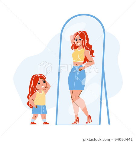 Kid Girl Dreaming Be Adult Woman In Mirror Vector 94093441