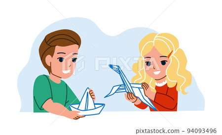 Origami Making Kids Boy And Girl Together Vector 94093496