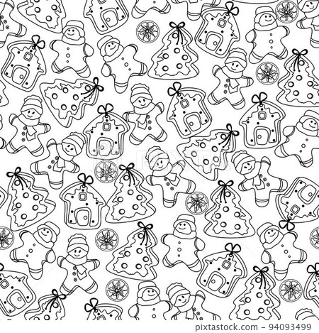 Vector hand drawn seamless pattern. Christmas, winter doodle elements. Isolated on white background. Trees, wreaths, presents, sweets, gingerbread. For background, print, textile, fabrics, gift bags Vector hand drawn seamless pattern. Christmas, winter doodle elements. Isolated on white background. Trees, wreaths, presents, sweets, gingerbread. For background, print, textile, fabrics, gift bags 94093499