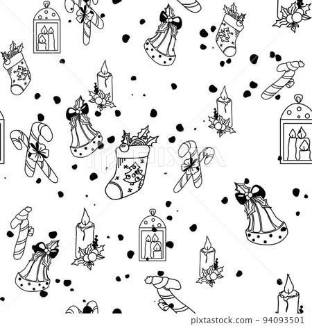 Vector hand drawn seamless pattern. Christmas, winter doodle elements. Isolated on white background. Trees, wreaths, presents, sweets, gingerbread. For background, print, textile, fabrics, gift bags Vector hand drawn seamless pattern. Christmas, winter doodle elements. Isolated on white background. Trees, wreaths, presents, sweets, gingerbread. For background, print, textile, fabrics, gift bags 94093501