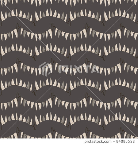 Seamless pattern with beads of fangs and teeth hanging from rope on dark background. Print with Halloween party decoration or necklace. Suitable for postcard, textile and design. Vector illustration 94093558