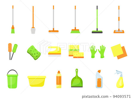 Cleaner equipment icons set cartoon vector. Clean chemicals. Cleaning bucket 94093571