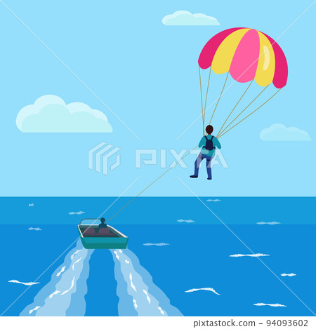 Parasailing concept banner cartoon vector. Parachute boat. Sea beach fly Parasailing concept banner cartoon vector. Parachute boat. Sea beach fly 94093602