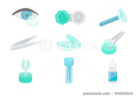 Contact lens icons set cartoon vector. Eye case. Contact holding Contact lens icons set cartoon vector. Eye case. Contact holding 94093604