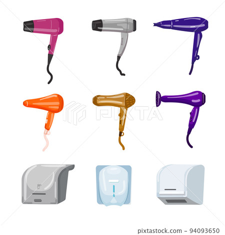 Dryer icons set cartoon vector. Tumble machine. Hair blow Dryer icons set cartoon vector. Tumble machine. Hair blow 94093650