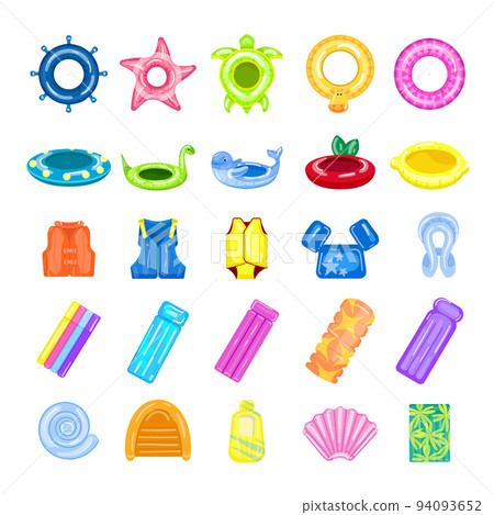 Pool equipment icons set cartoon vector. Snorkle pool. Swimming equipment 94093652