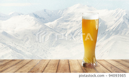 Poster with glass of light cold foamy beer over snow-capped mountains background. Holidays, vacation, drinks, taste, ad and oktoberfest concept Poster with glass of light cold foamy beer over snow-capped mountains background. Holidays, vacation, drinks, taste, ad and oktoberfest concept 94093985