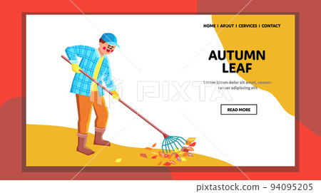 Autumn Leaf Collect Park Worker With Rake Vector 94095205