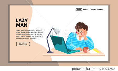 Lazy Man Working On Laptop At Workspace Vector 94095208