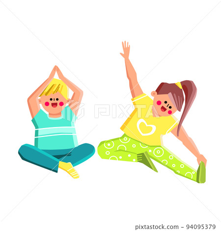 Boy And Girl Children Exercising Kid Yoga Vector Boy And Girl Children Exercising Kid Yoga Vector 94095379