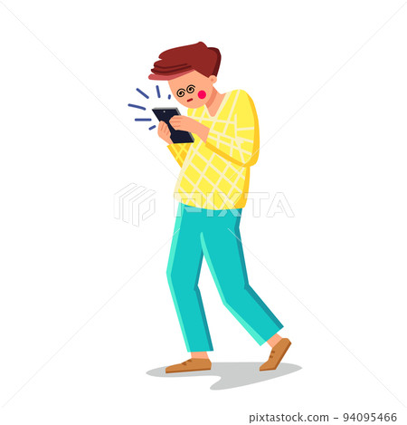 Man With Addiction Mobile Phone Gaming Vector Man With Addiction Mobile Phone Gaming Vector 94095466